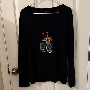 Talbots Navy Long Sleeve Top with Embroidered Bicycle
